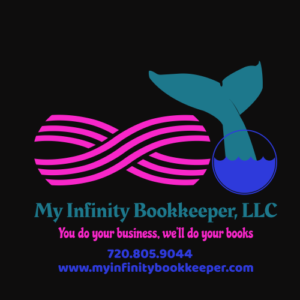 My Infinity Bookkeeper bookkeeping services logo: infinity symbol with dolphin tail, My Infinity Bookkeeper, and contact information.
